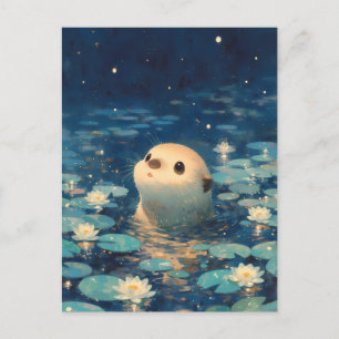 Carte Postale Jolie loutre dans un étang aux nénuphars par une n