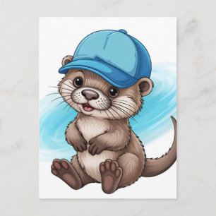 Carte Postale Jolie loutre de dessin animé portant une casquette
