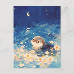 Carte Postale Jolie loutre nageant sous le croissant de lune