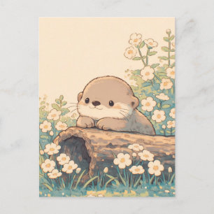 Carte Postale Jolie loutre se reposant sur une bûche dans une pr