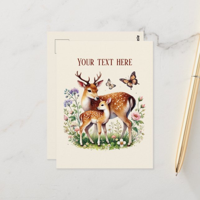 Carte Postale Jolie maman et bébé cerf ajoutez votre message (Devant/Arrière en situation)
