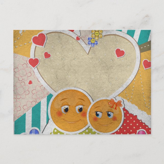 Carte Postale Jolie mignonne sourires en amour coeurs arc fleurs (Devant)