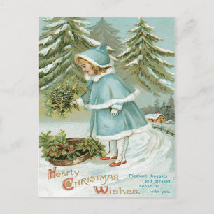 Carte Postale Jolie petite fille cueillant du houx enneigé
