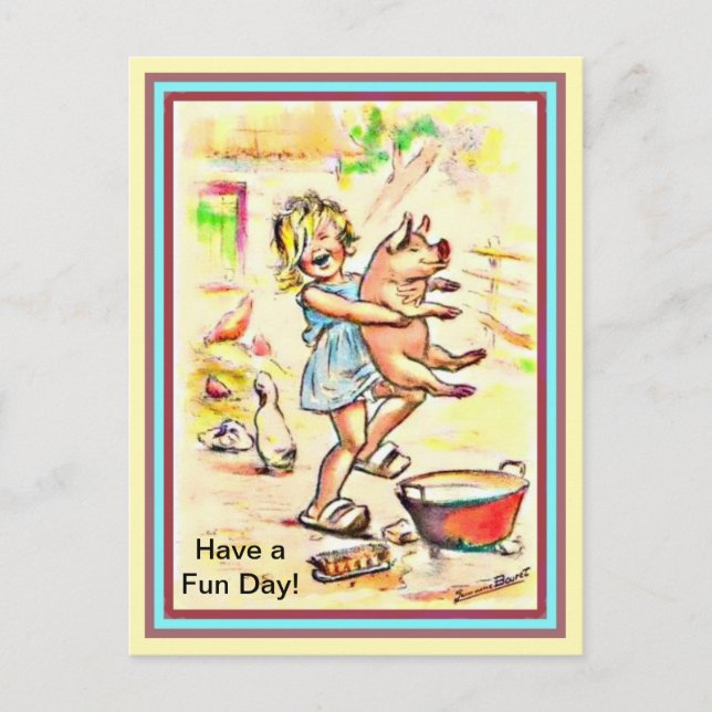 Carte Postale Jolie petite fille et son cochon - Amusant de lave (Devant)