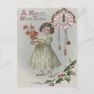 Carte Postale Jolie Petite Fille Horloge Minuit Fleurs de Houx