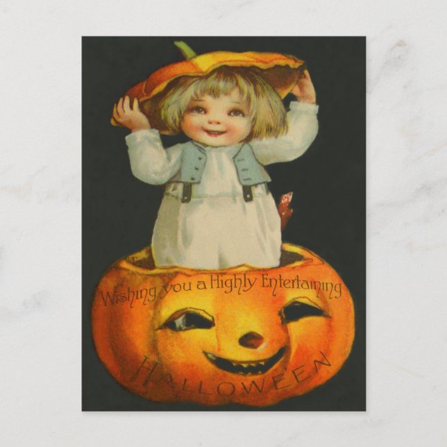 Carte Postale Jolie petite fille souriante citrouille Jack O' La (Devant)