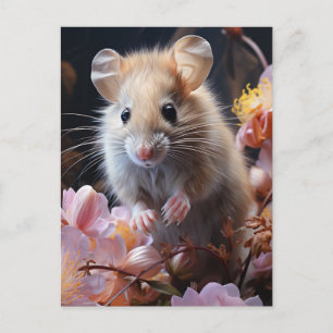 Carte Postale Jolie petite souris brune dans les fleurs roses