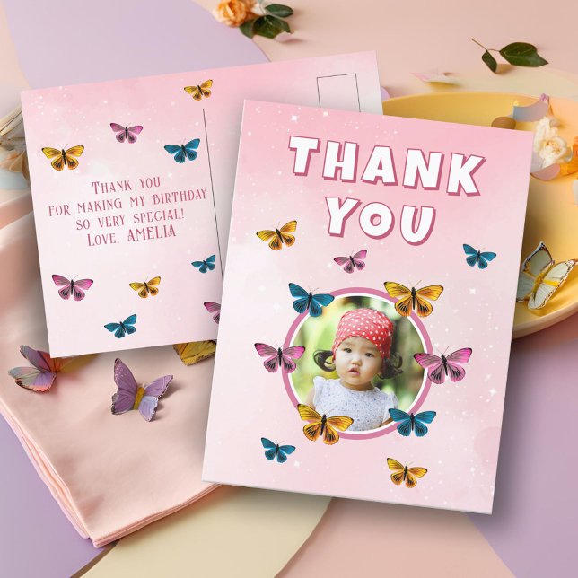 Carte Postale Jolie Photo De Papillon Rose Merci Anniversaire (Créateur téléchargé)