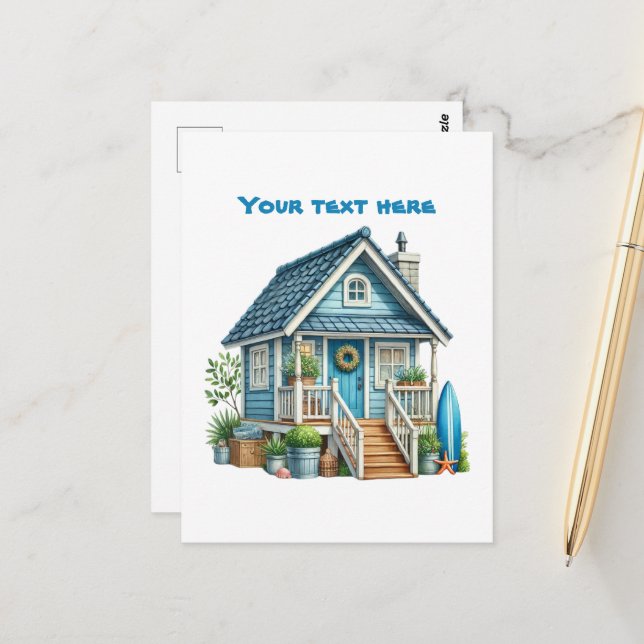 Carte Postale Jolie plage ajouter texte plage maison (Devant/Arrière en situation)
