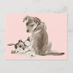 Carte Postale Jolie race mixte chiot avec chien en peluche