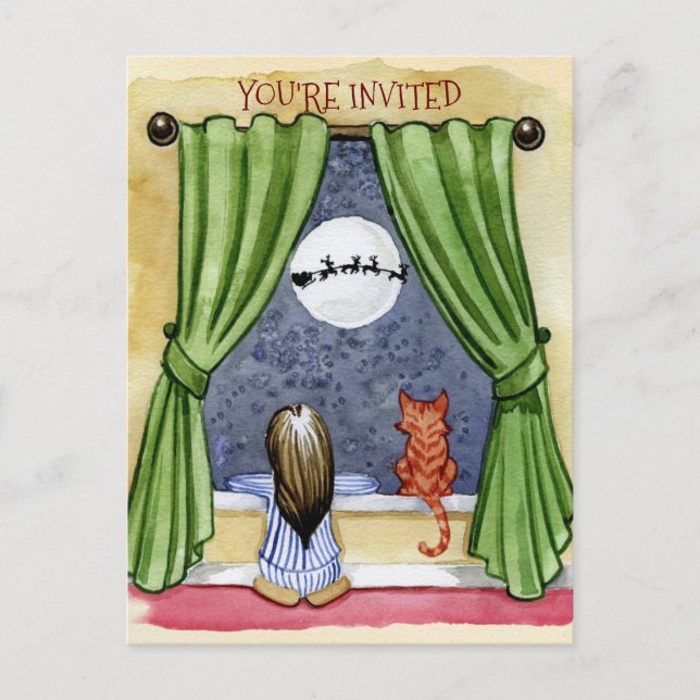 Carte Postale Jolie réveillon de Noël Enfant & Chat Kitty Aquare (Devant)