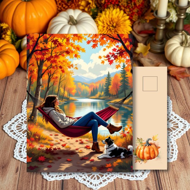 Carte Postale Jolie scène d'automne avec femme et chien (Créateur téléchargé)