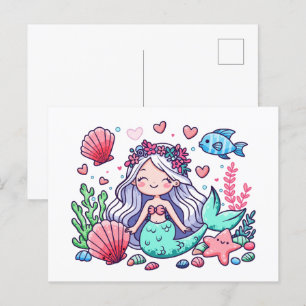 Carte Postale Jolie Sirène de Dessin Animé 