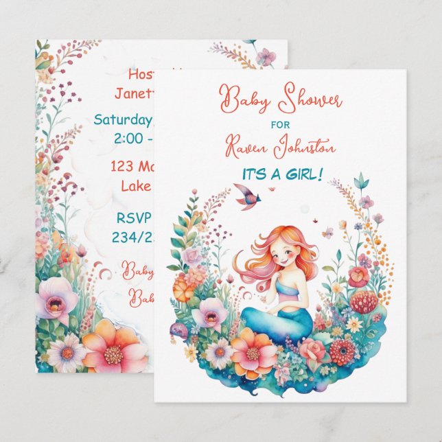 Carte Postale Jolie sirène fille de bébé douche de bébé Invitati (Devant / Derrière)