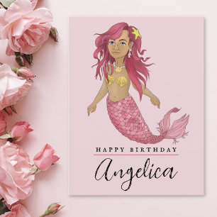 Carte Postale Jolie Sirène Rose Joyeux Anniversaire Nom personna