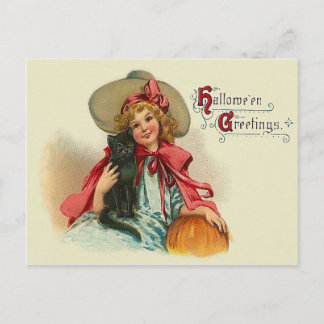 Carte Postale Jolie sorcière fille Citrouille de chat noir