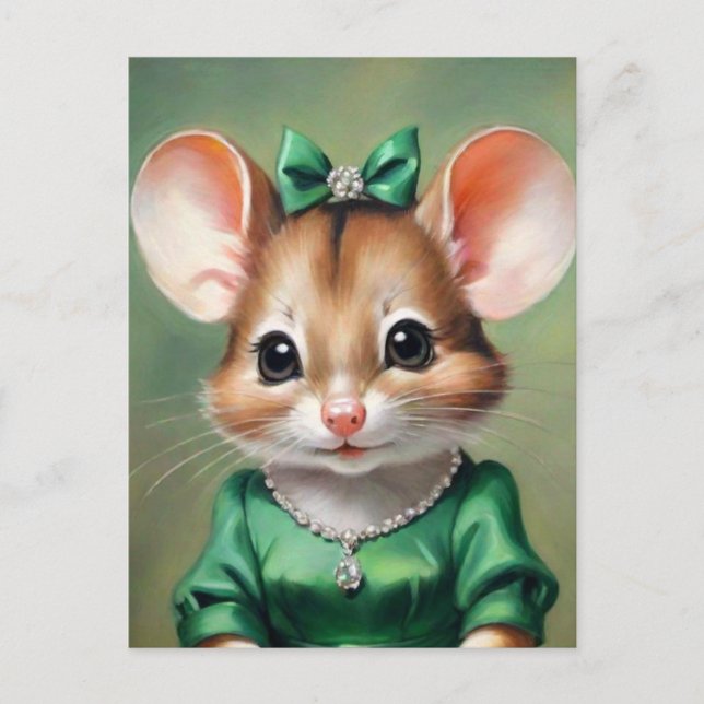 Carte Postale Jolie souris avec robe verte (Devant)