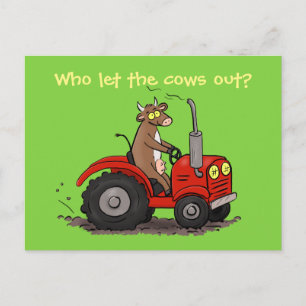 Carte Postale Jolie vache brune conduite tracteur dessin animé