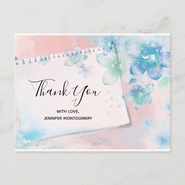 Carte Postale Jolies fleurs bleues sur Merci Arrière - plan rose (Devant)
