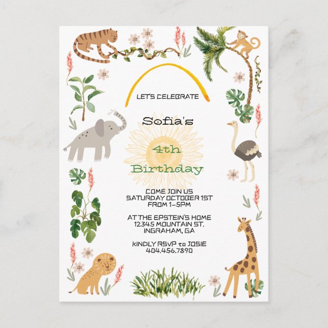 Carte Postale Jolis Animaux de la Jungle pour un Anniversaire 2 (Devant)