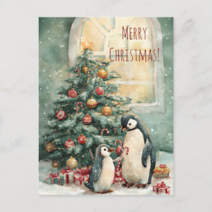 Carte Postale Jolis manchots décorent l'arbre de Noël, Noël