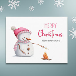 Carte Postale Jolis marshmallows de Noël rose bonhomme de neige