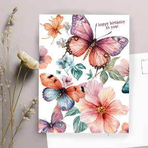 Carte Postale Jolis papillons et fleurs Joyeux Anniversaire