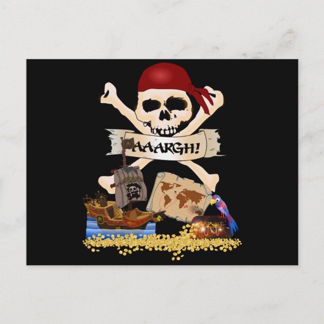Carte Postale Jolly roger, Bateau pirate & Poitrine de pirate (Devant)
