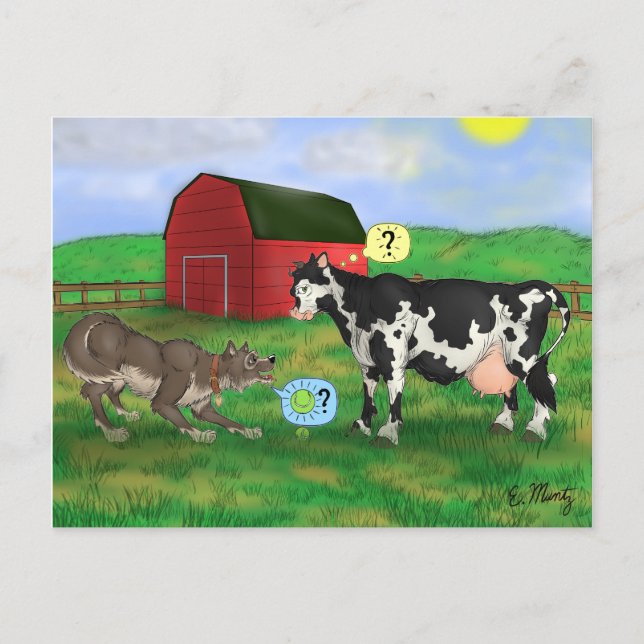 Carte Postale "Joue ?" - chien et vache (Devant)
