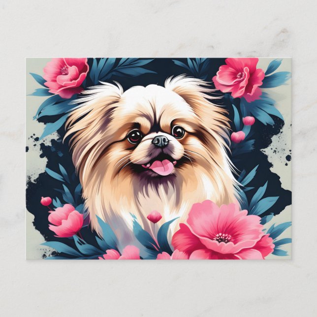 Carte Postale Jouer Floral Pekingese Chien (Devant)