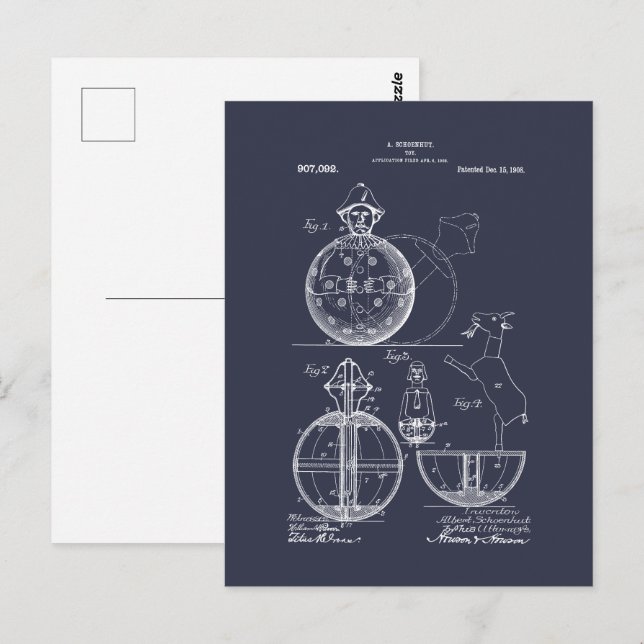 Carte Postale Jouet antique 1908 Roly Poly Dessin de brevet (Devant / Derrière)