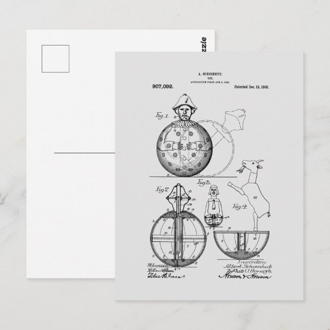 Carte Postale Jouet antique 1908 Roly Poly Dessin de brevet (Devant / Derrière)