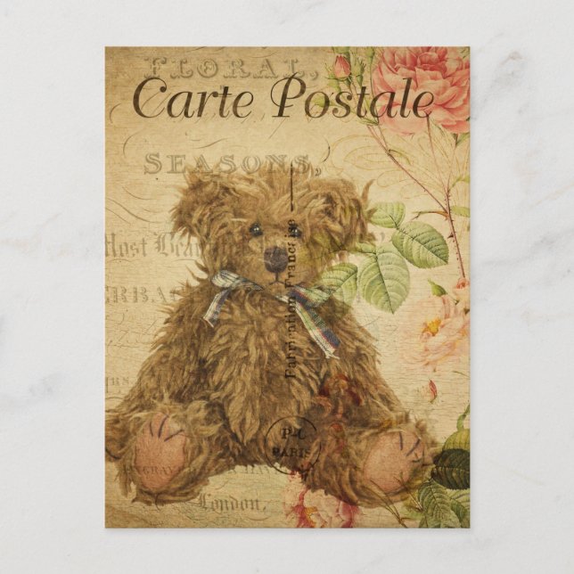 Carte Postale Jouet vintage Teddy Bear Toy Floral Floral Françai (Devant)
