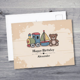Carte Postale Jouets en bois avec train, voilier et ours en pelu