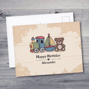 Carte Postale Jouets en bois avec train, voilier et ours en pelu