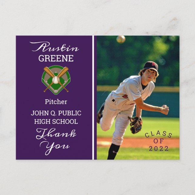 Carte Postale Joueur de baseball photo Purple Graduation Merci (Devant)