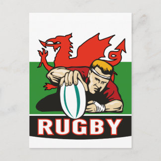 Carte Postale Joueur de rugby pointant essai drapeau de galles