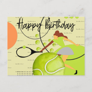 Carte Postale Joueuse de tennis jouant Happy Birthday sur fond j