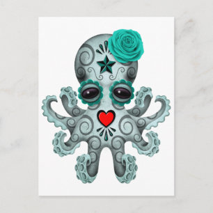 Carte Postale Jour bleu de la mort crâne sucre bébé poulpe