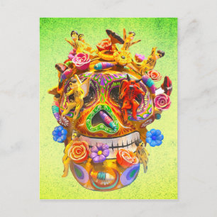 Carte Postale Jour coloré du crâne mort Calavera avec fleurs