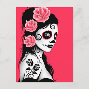 Carte Postale Jour de la fille crâne de sucre mort - rose