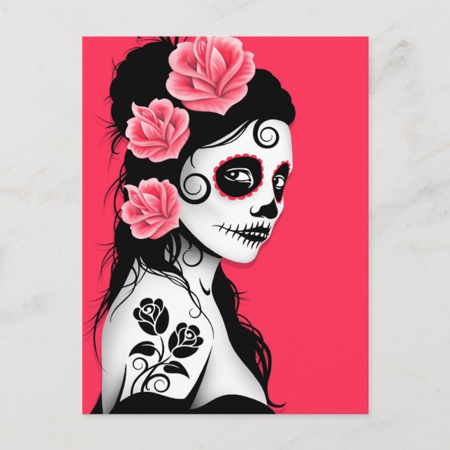 Carte Postale Jour de la fille crâne de sucre mort - rose (Devant)