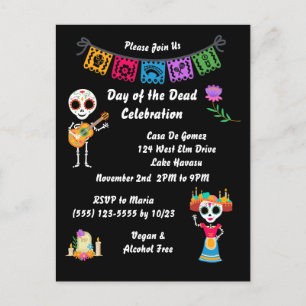 Carte Postale Jour de la mort crâne de sucre Skeletons Invitatio