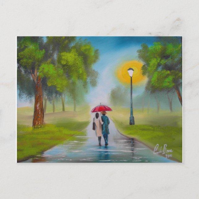 CARTE POSTALE JOUR DE PLUIE COUPLE UMBRELLA PEINTURE (Devant)