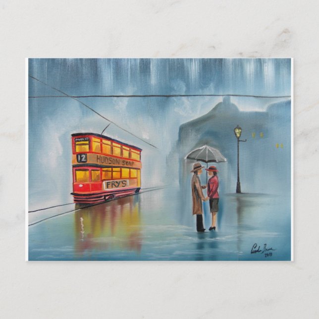 CARTE POSTALE JOUR DE PLUIE ROMANTIQUE DE COUPLE EN PARAPLUIE (Devant)