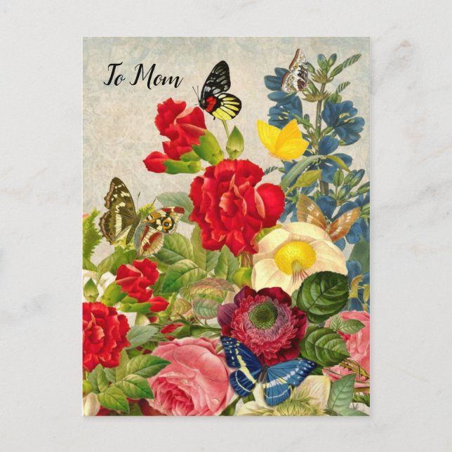 Carte Postale Jour des mères Jardin oeillets papillons Rose (Devant)
