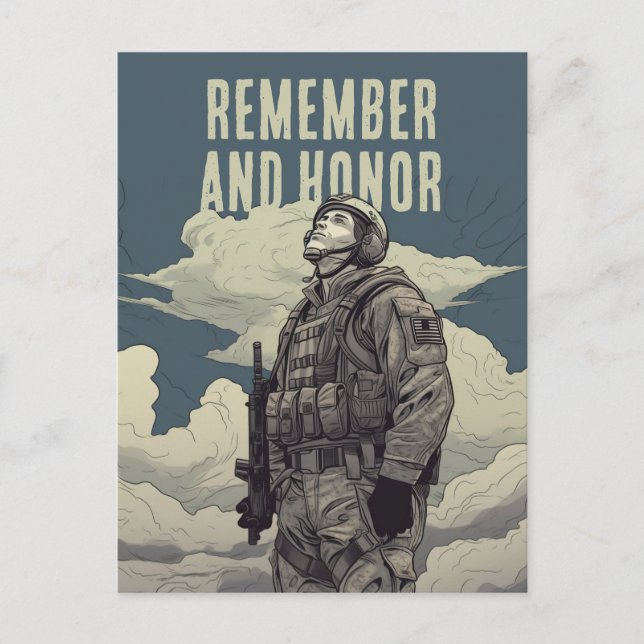 Carte Postale Jour du Souvenir Soldat Nuages Se souvenir et hono (Devant)