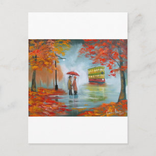 Carte Postale Jour pluvieux automne tableau de tramway parapluie