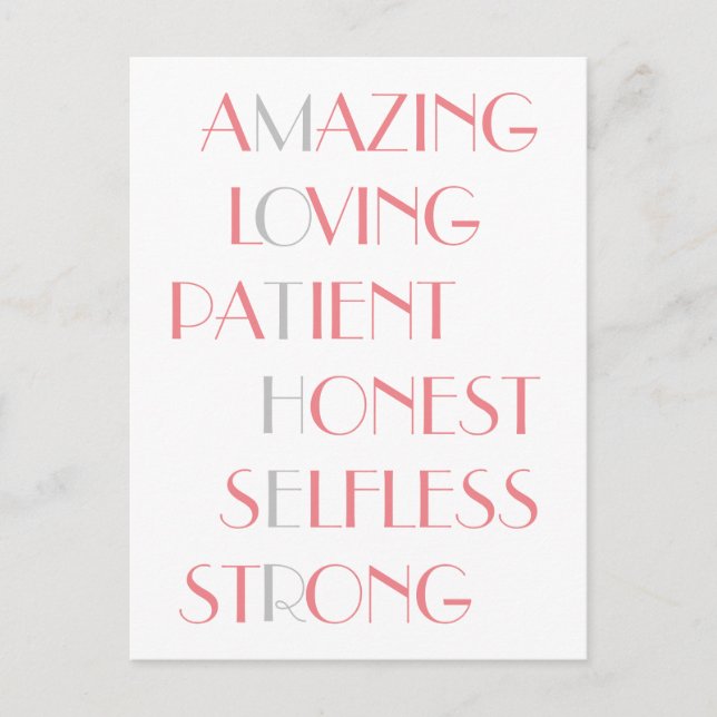 Carte Postale Jovely Mothers Pink Acrostic Poème Typographie Cad (Devant)