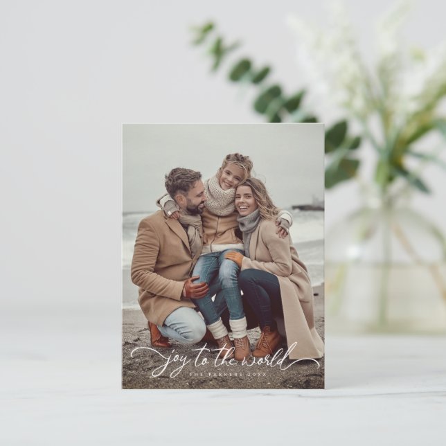 Carte Postale Joy to the World script Noël/photo de vacances (Debout devant)